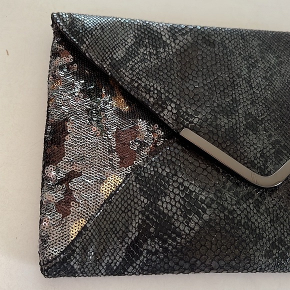 Big Buddha Black Snakeskin Pattern and Sequined Envelope Clutch NWT - Picture 2 of 6